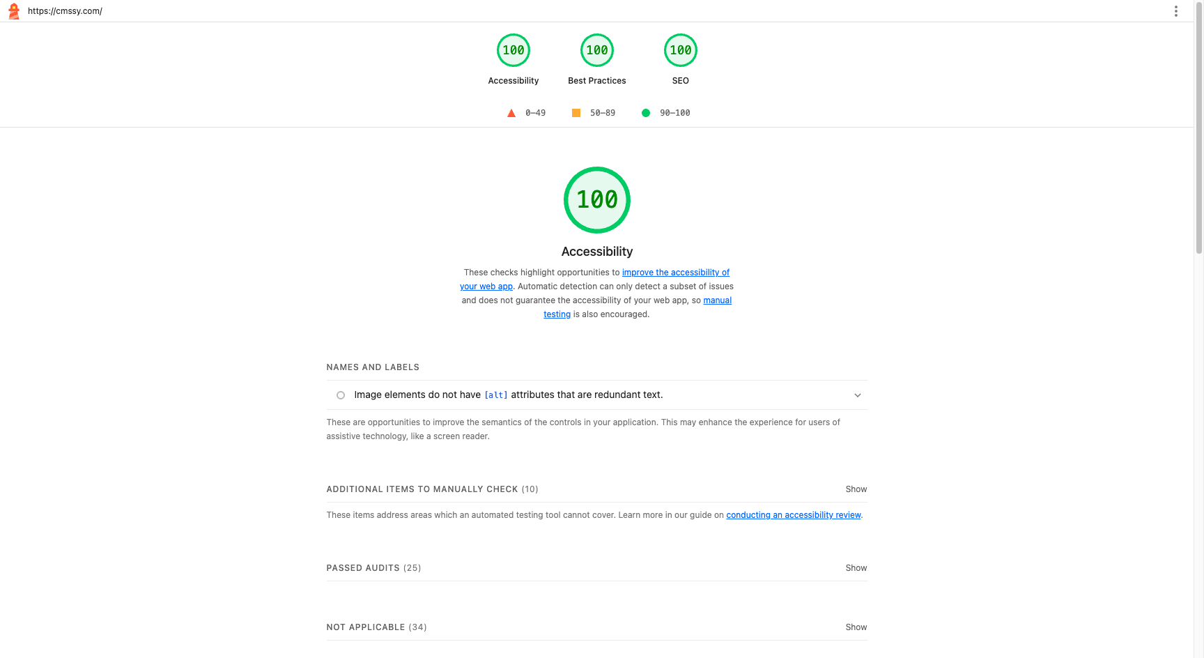 Lighthouse audit results for cmssy.com - Accessibility 100, Best Practices 100, SEO 100